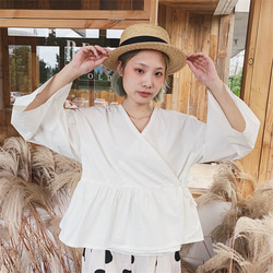ホワイトレトロデザイン日本の着物スタイルレースアップフリルスリーブトップバントコートカーディガン 8枚目の画像