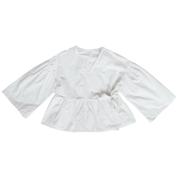 白色 復古設計 日系和服式系帶荷葉袖上衣 短打外套開衫 第19張的照片