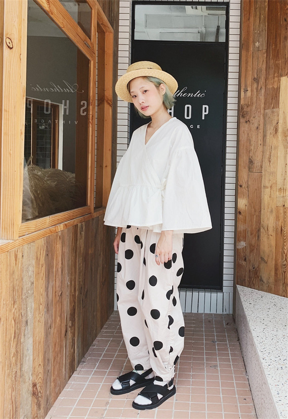 ホワイトレトロデザイン日本の着物スタイルレースアップフリルスリーブトップバントコートカーディガン 15枚目の画像