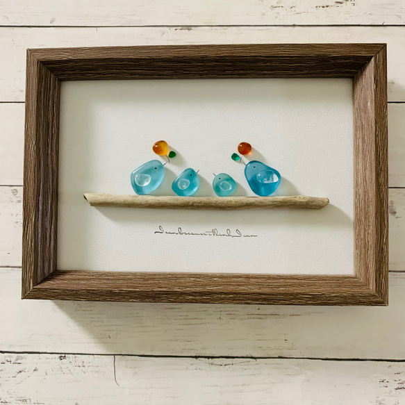シーグラスアート幸せの青い鳥 家族アート インテリア雑貨 壁掛け 置物 贈り物 プレゼント 2枚目の画像