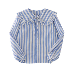 青と白のストライプのネイビーカラーのかわいい長袖ルーズシャツ日本製の高織りコットンストライプ 9枚目の画像