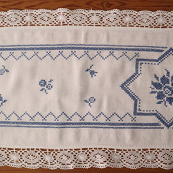 フランスの手仕事/フォークロアな青糸手刺繍 ロング・テーブルランナー (ヴィンテージ） 7枚目の画像