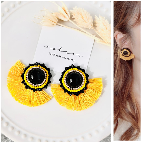 レトロ カラフル ビーズ刺繍×フリンジタッセルピアス/イヤリング 