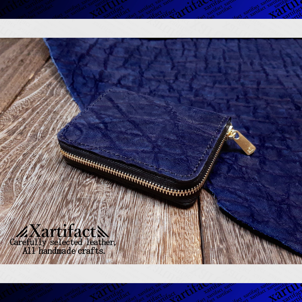 【本藍染め】エレファントレザー(象革、本藍染め)コンパクトラウンドファスナー財布【総手縫い】【フルカラーオーダー】