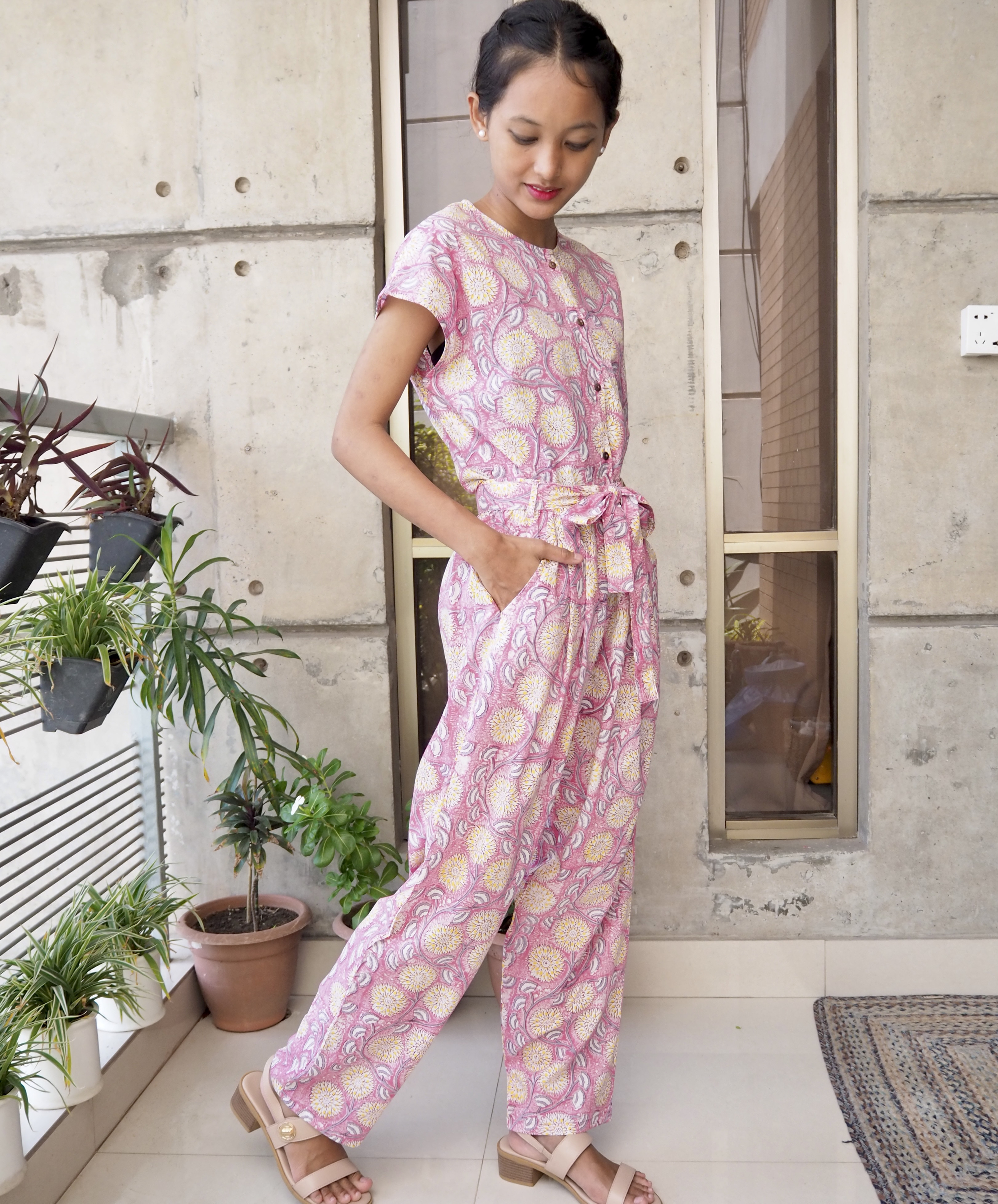 サロペット風セットアップ（ハンドブロックプリント）