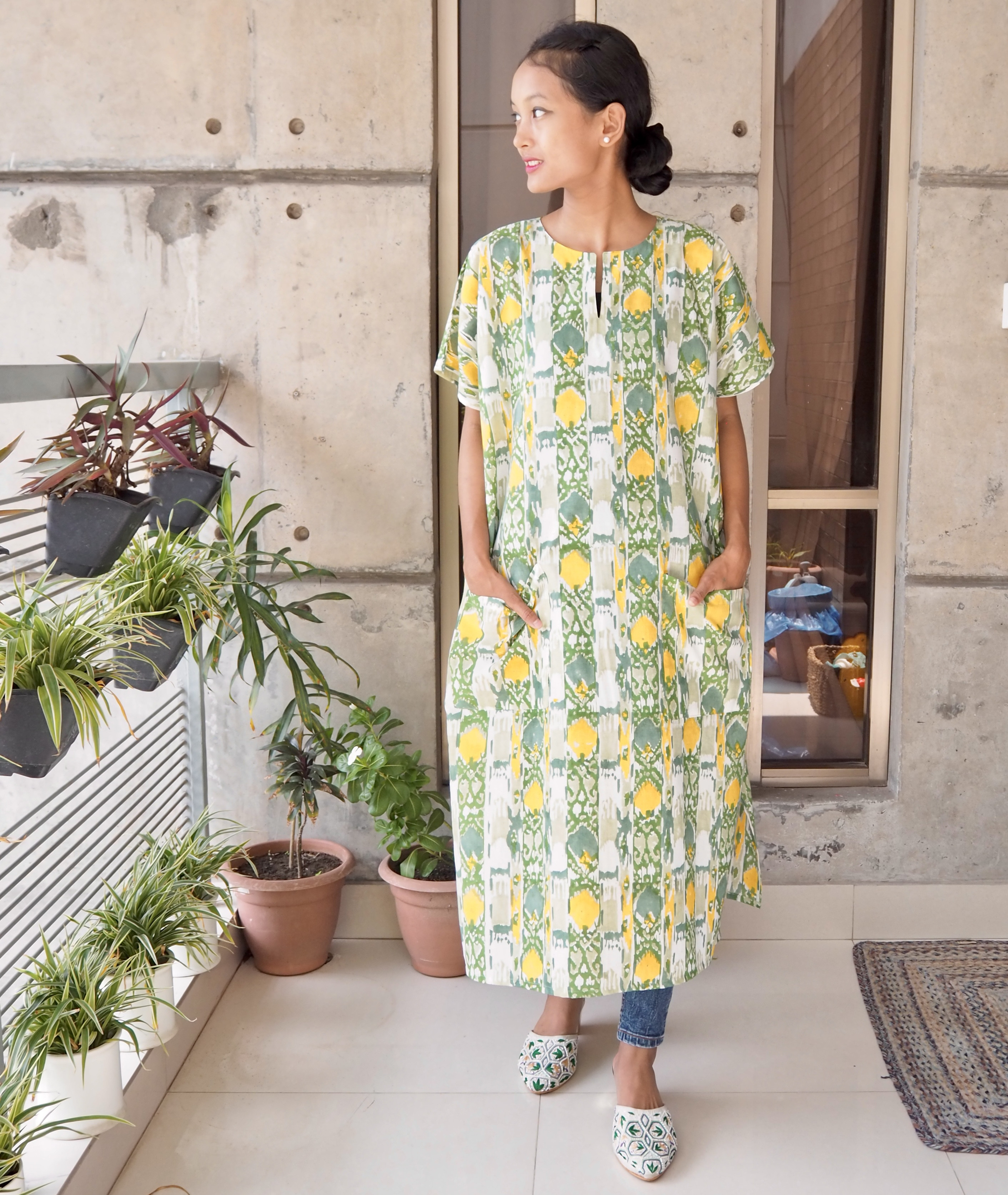 カフタンワンピース（ハンドブロックプリント）