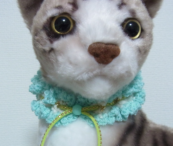 猫首輪 手編みレース糸　２０～３０㎝　ブルー 2枚目の画像