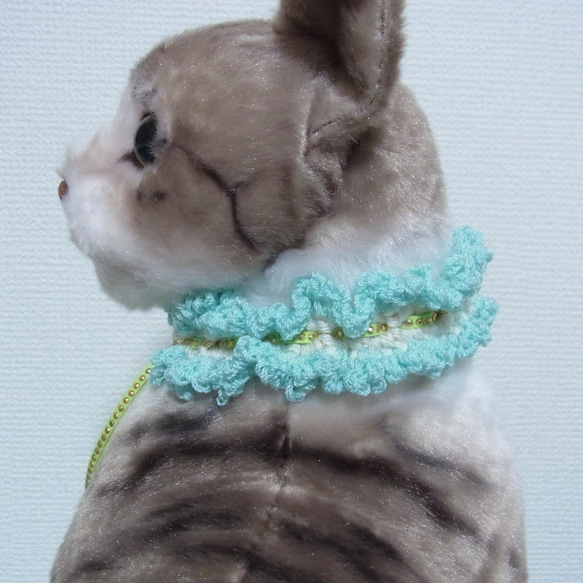 猫首輪 手編みレース糸　２０～３０㎝　ブルー 3枚目の画像