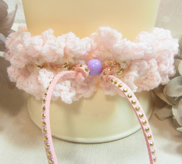 猫首輪 手編みレース糸　２０～３０㎝　ピンク 7枚目の画像