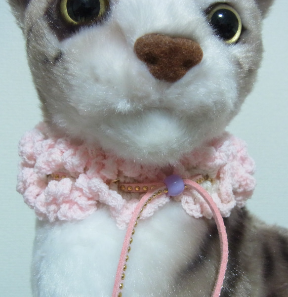 猫首輪 手編みレース糸　２０～３０㎝　ピンク 2枚目の画像