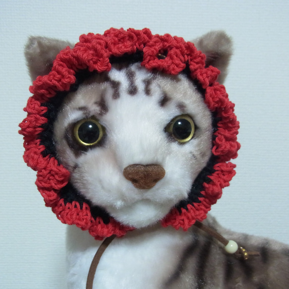 猫首輪 手編みレース糸　２０～３０㎝　レッド 4枚目の画像