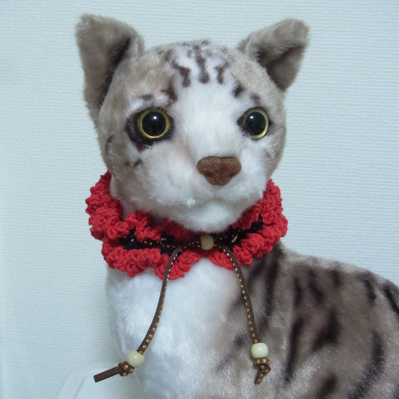 猫首輪 手編みレース糸　２０～３０㎝　レッド 1枚目の画像