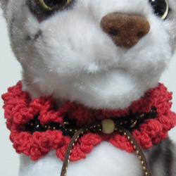 猫首輪 手編みレース糸　２０～３０㎝　レッド 2枚目の画像