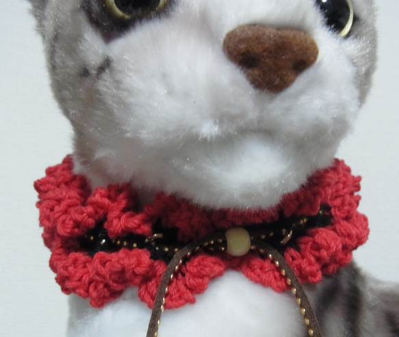 猫首輪 手編みレース糸　２０～３０㎝　レッド 2枚目の画像