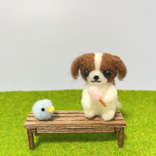 キャバリアちゃんと小鳥 羊毛フェルト雑貨 羊毛フェルト モカ＆ラテ 