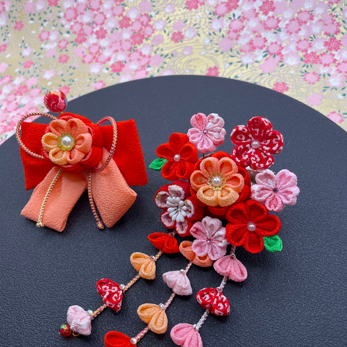 七五三髪飾り リボン つまみ細工 3歳 赤 サーモンピンク かんざし