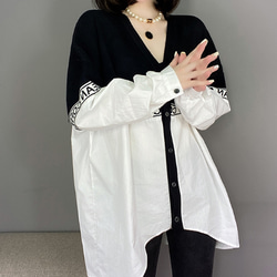 カットパッチワークシャツ女性秋の長袖vネックカーディガン女性サイズの上着ですF 2枚目の画像