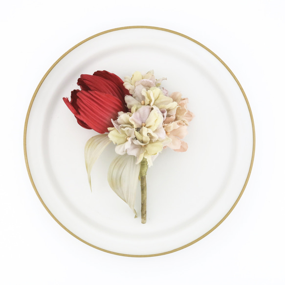 Corsage. コサージュ" Antique bouquet. " | チューリップ×紫陽花 | アンティークレッド 4枚目の画像