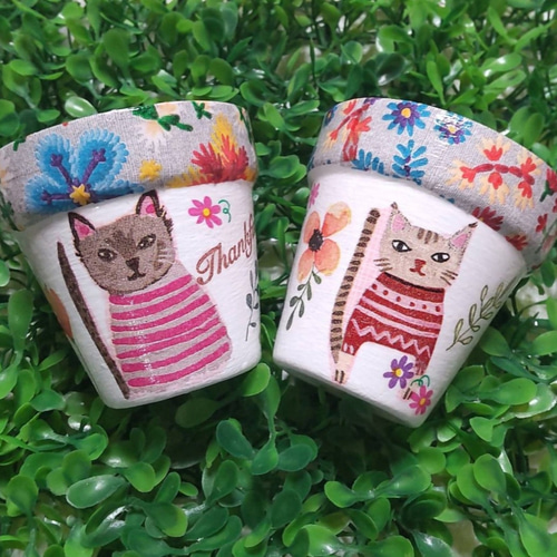 お値下げ デコパージュ リメイク鉢 2個セット ねこと苺 お値下げ