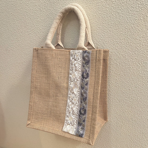 ジュートバッグ インド刺繍リボン A5 トートバッグ bellflower86