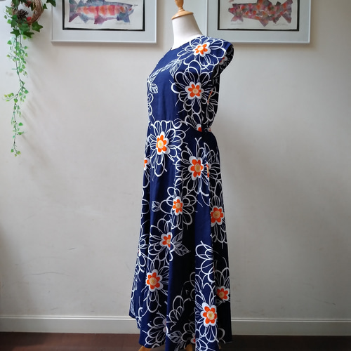 浴衣リメイクワンピース/サイズL/フレンチ袖/マキシ丈 浴衣リメイクワンピース/サイズL/フレンチ袖/マキシ丈
