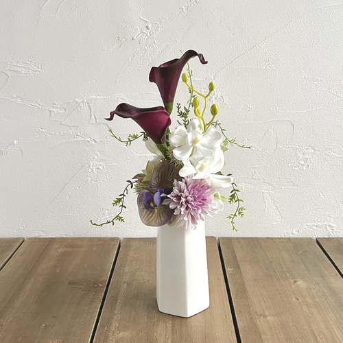 仏花 カラーと蘭の2WAYアレンジ フラワーアレンジ 高級造花 ホワイト