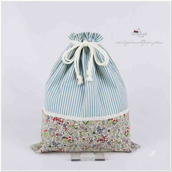 New▷ 入園 グッズ 体操服入れ お着替え袋 巾着 35×30 小花 ブルー 