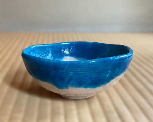 平茶碗　コバルトブルー　【中古美品】 楽入印◇「トルコ青釉」平茶碗◇楽焼 茶道具 手描き 夏 茶碗・めし碗