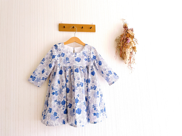 半袖・七分袖・長袖 リップルの花柄ギャザーワンピース ブルー/ピンク