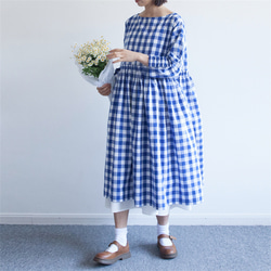 藍白格紋 日系復古洋裝 棉麻 高腰連衣裙 春秋格子花邊九分袖 第3張的照片