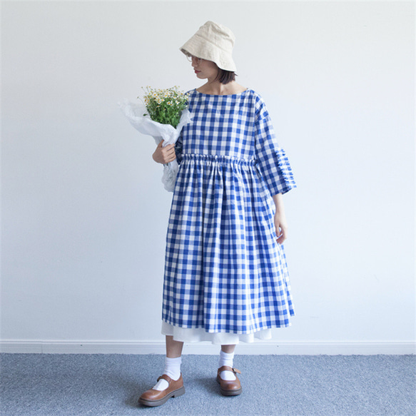 藍白格紋 日系復古洋裝 棉麻 高腰連衣裙 春秋格子花邊九分袖 第8張的照片