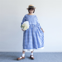 藍白格紋 日系復古洋裝 棉麻 高腰連衣裙 春秋格子花邊九分袖 第6張的照片