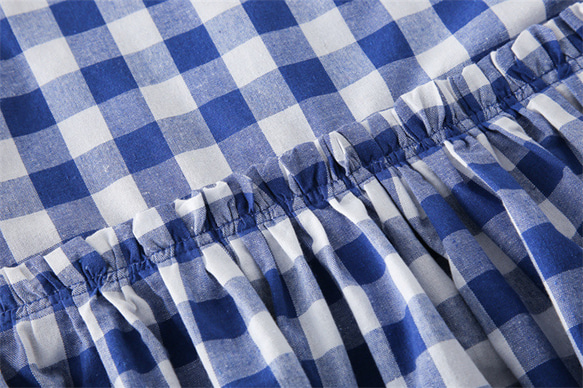 藍白格紋 日系復古洋裝 棉麻 高腰連衣裙 春秋格子花邊九分袖 第12張的照片