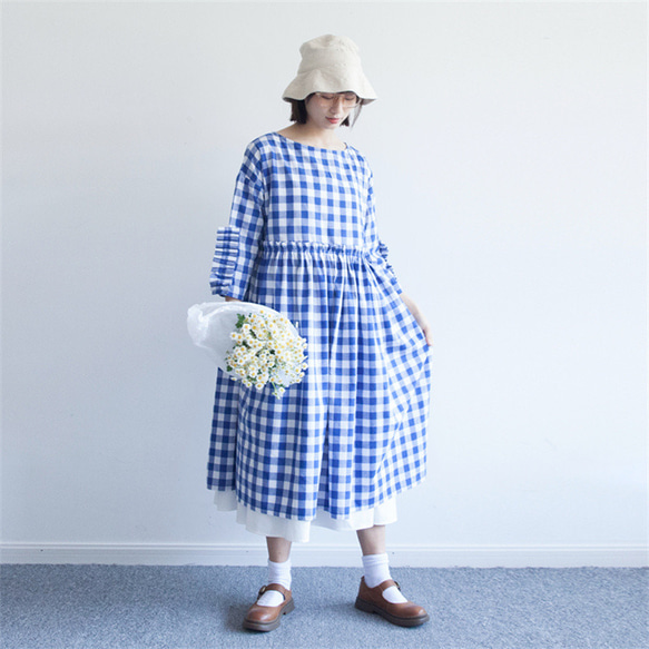 藍白格紋 日系復古洋裝 棉麻 高腰連衣裙 春秋格子花邊九分袖 第9張的照片