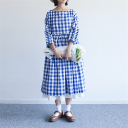 藍白格紋 日系復古洋裝 棉麻 高腰連衣裙 春秋格子花邊九分袖 第4張的照片