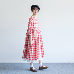 紅白格紋 日系復古洋裝 棉麻 高腰連衣裙 春秋格子花邊九分袖 第7張的照片
