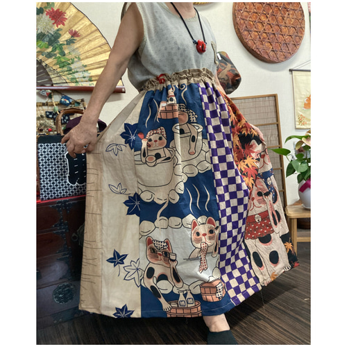 ハンドメイド・柿渋染猫ちゃん・正絹生地・ドルマンスリーブ