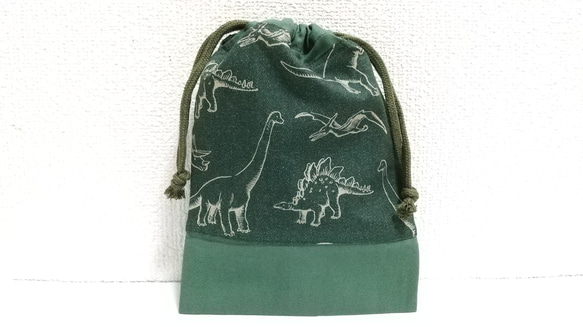 恐竜デニム風（ダークグリーン）1 巾着袋 2枚目の画像