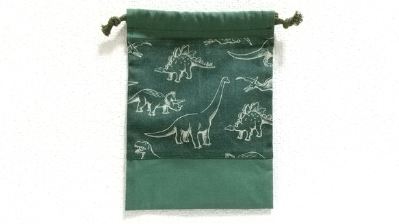 恐竜デニム風（ダークグリーン）1 巾着袋 3枚目の画像