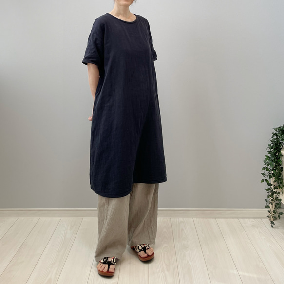 ダブルガーゼの半袖ワンピース。ネイビー【受注製作】 4枚目の画像