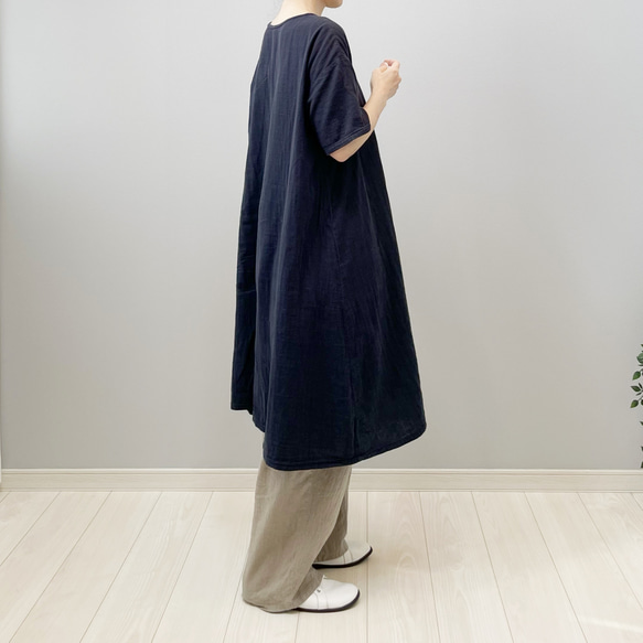 ダブルガーゼの半袖ワンピース。ネイビー【受注製作】 3枚目の画像