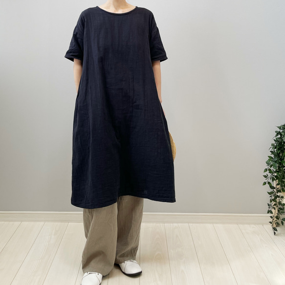 ダブルガーゼの半袖ワンピース。ネイビー【受注製作】 10枚目の画像