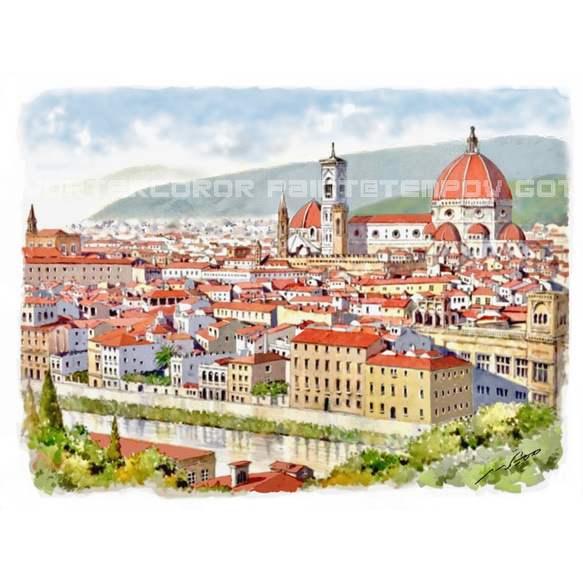 ポストカード ヨーロッパ風景画（組み合わせ自由4枚セット1.000円）No.243  フィレンツェ　大聖堂遠望 1枚目の画像