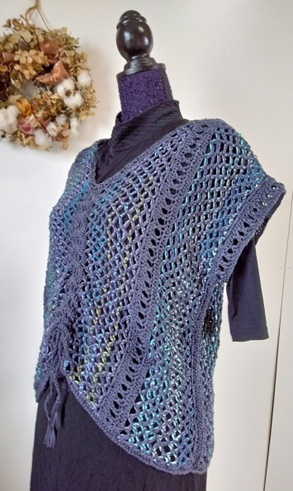 (送料無料）添え糸編みのプル～～！　ネット編みにグラデーションのきれいな糸を編みこんだように編んでいます～～！ 7枚目の画像