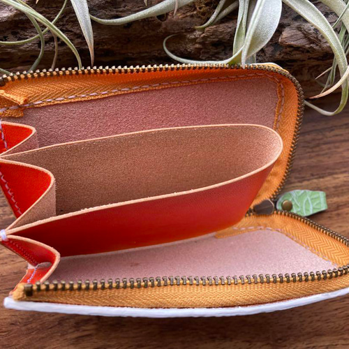 メロン】本革 L字ファスナー ミニ財布 メロン型押し ハンドメイド