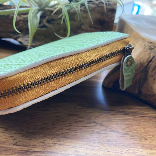 【エテ二朗】メロン型押しレザー 名刺入れ＆L字ファスナー財布　手縫い　本革 メロン】本革 L字ファスナー ミニ財布 メロン型押し