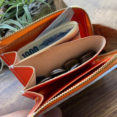 メロン】本革 L字ファスナー財布 メロン型押し本革 ハンドメイド