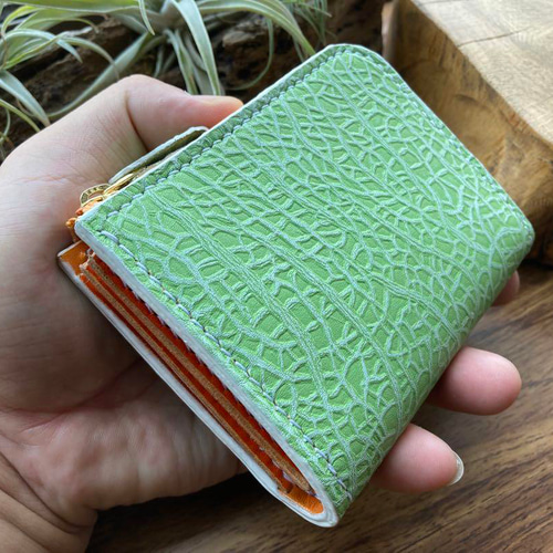 メロン】本革 L字ファスナー財布 メロン型押し本革 ハンドメイド