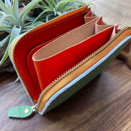 【エテ二朗】メロン型押しレザー 名刺入れ＆L字ファスナー財布　手縫い　本革 エテ二朗様専用】メロン型押しレザー 名刺入れ＆L字ファスナー