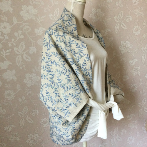 コットリネンシワ加工羽織 金沢刺繍 ブルー カーディガン fine work